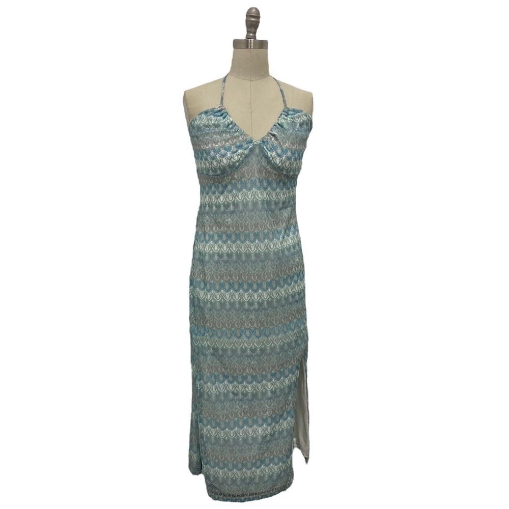 Women's Crochet Slip Dress Lace Up Back - Wild Fable Aqua Blue Size L Vacation - Picture 5 of 8